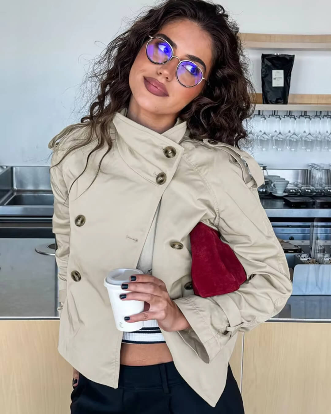 Double-Breasted Cropped Trench Coat with Belted Cuffs