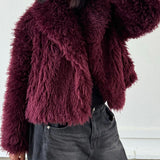 Cropped Shaggy Faux Fur Jacket with Wide Lapel