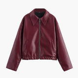 Sleek Faux Leather Zip-Up Jacket with Pointed Collar