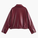 Minimalist Faux Leather Zip-Up Jacket with Pointed Collar