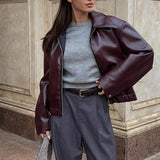 Minimalist Faux Leather Zip-Up Jacket with Pointed Collar