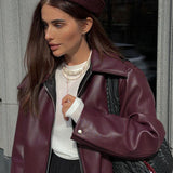 Minimalist Faux Leather Zip-Up Jacket with Pointed Collar