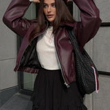 Minimalist Faux Leather Zip-Up Jacket with Pointed Collar