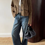 Vintage-Style Faux Suede Jacket with Front Flap Pockets