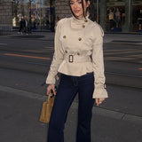 Cropped Double-Breasted Trench Jacket with Belted Cuffs