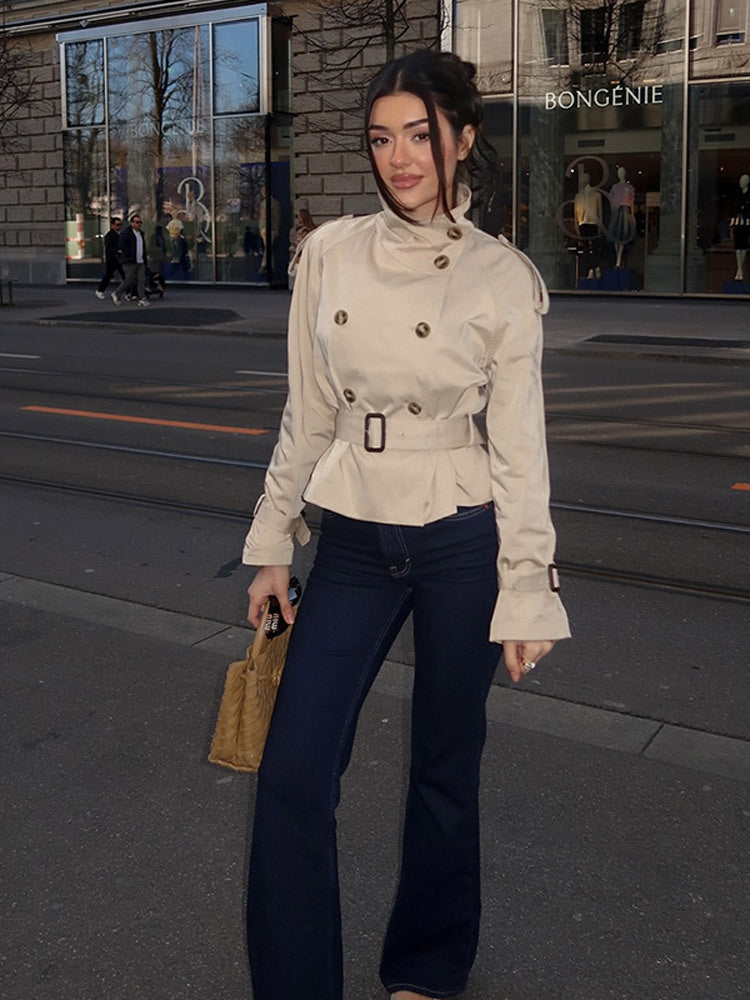 Double-Breasted Cropped Trench Coat with Belted Cuffs