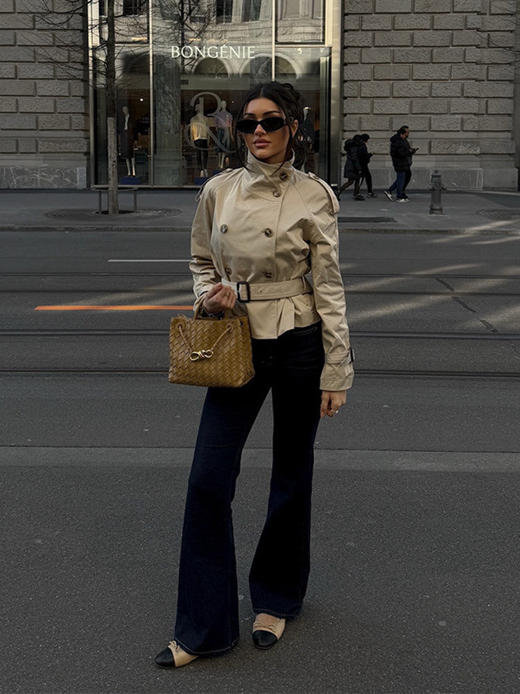 Double-Breasted Cropped Trench Coat with Belted Cuffs