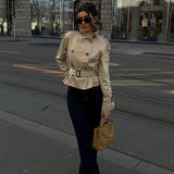 Cropped Double-Breasted Trench Jacket with Belted Cuffs