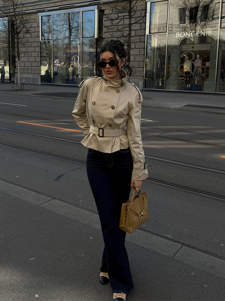 Double-Breasted Cropped Trench Coat with Belted Cuffs