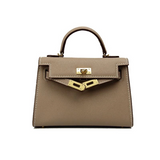 Structured Top Handle Leather Handbag with Gold Lock