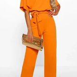 Wide-Leg Belted Short Sleeve Jumpsuit