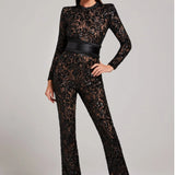Sheer Embellished Long-Sleeve Jumpsuit with Sequin Floral Pattern and Belted Waist