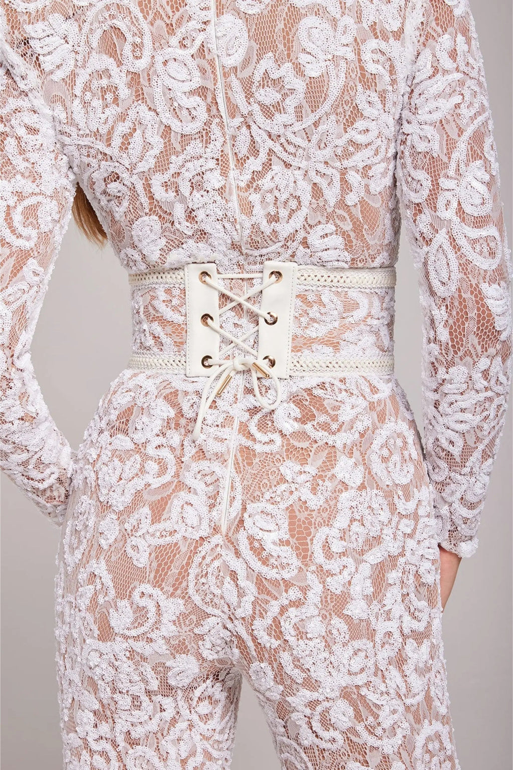 Sheer Long-Sleeve Jumpsuit with Sequin Floral Pattern and Belted Waist