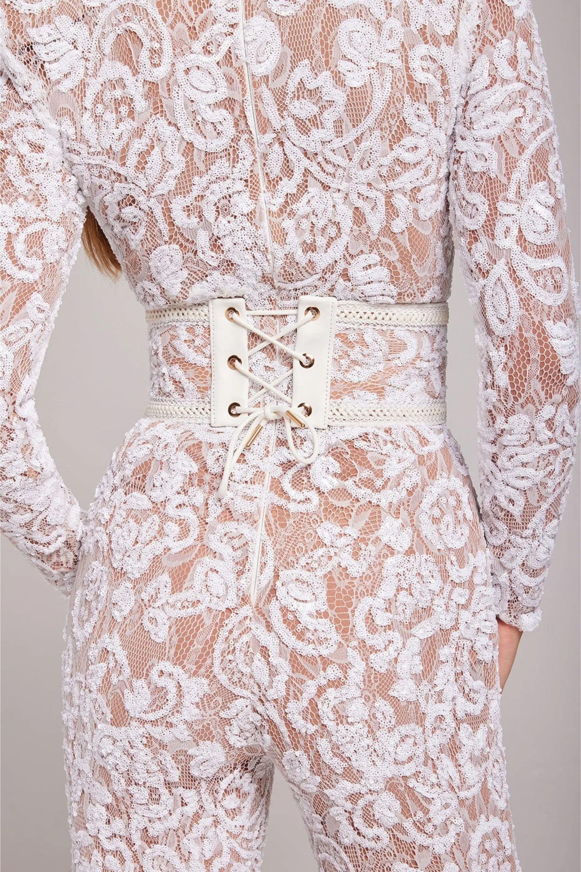 Sheer Long-Sleeve Jumpsuit with Sequin Floral Pattern and Belted Waist