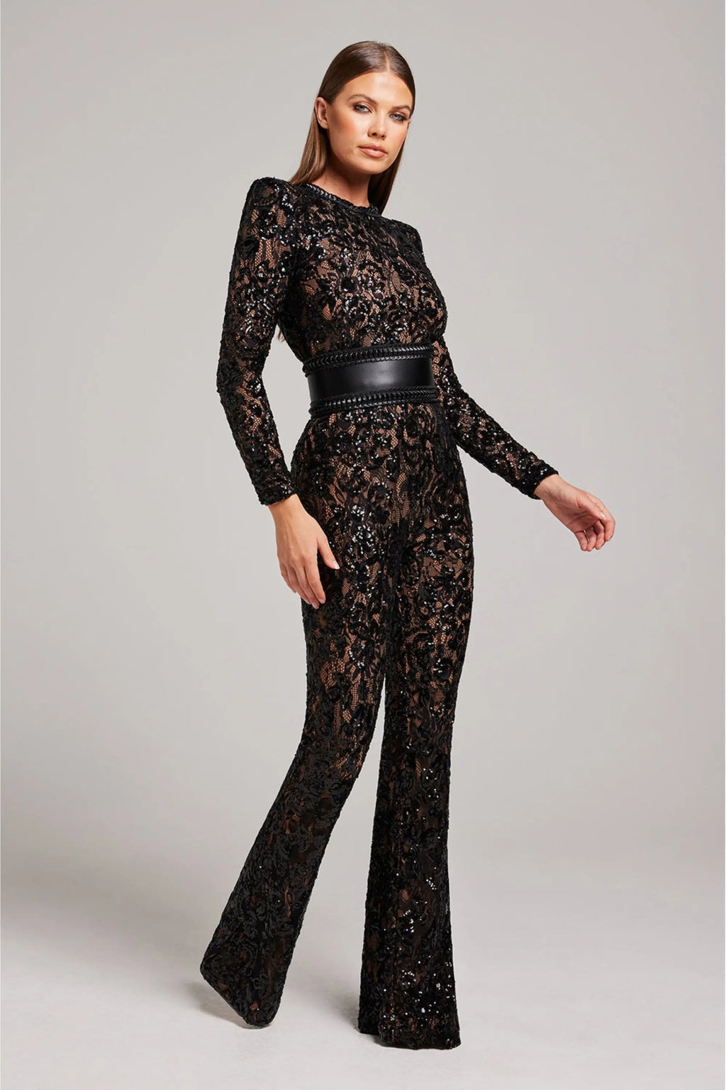 Sheer Long-Sleeve Jumpsuit with Sequin Floral Pattern and Belted Waist