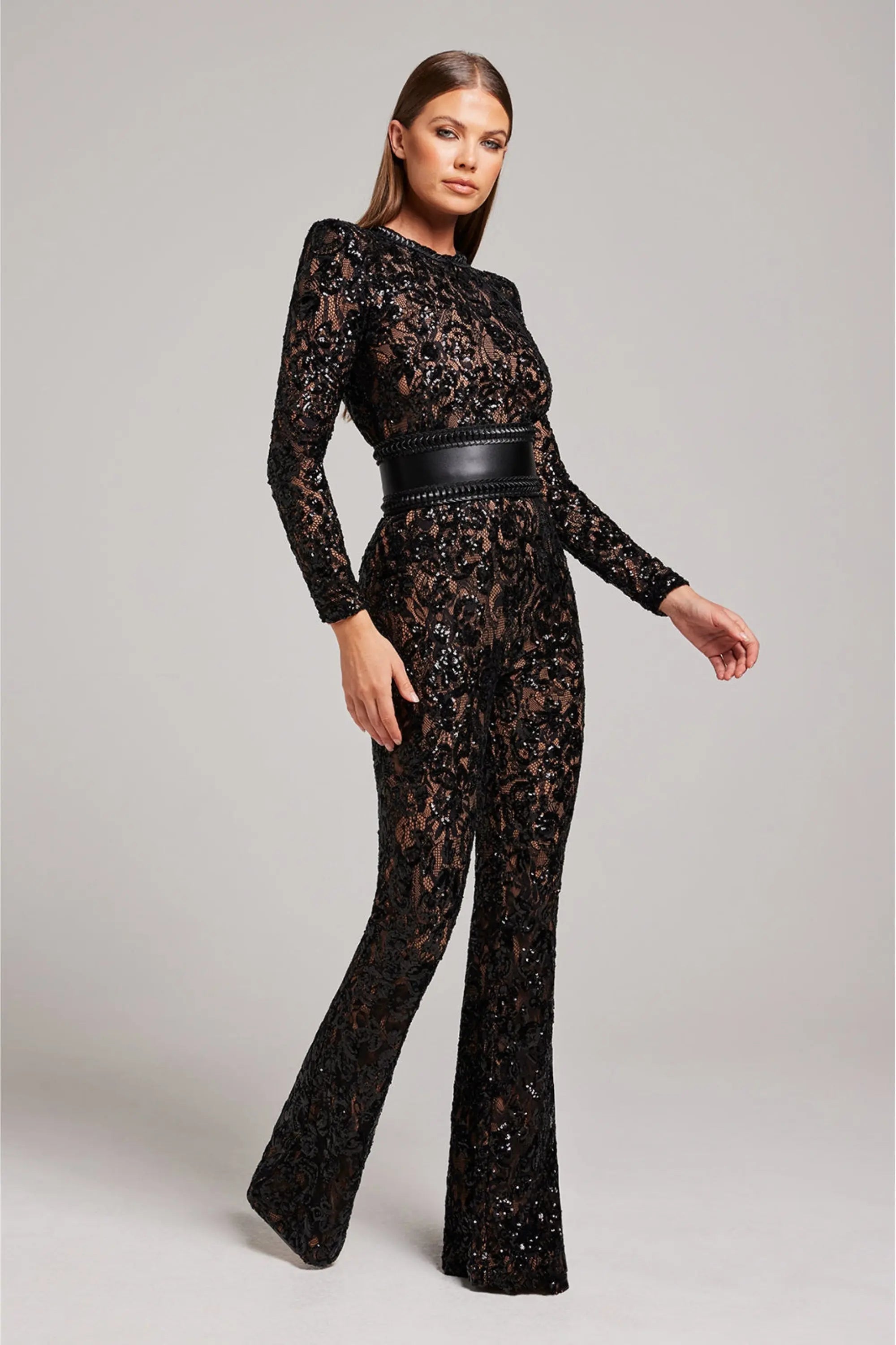 Sheer Long-Sleeve Jumpsuit with Sequin Floral Pattern and Belted Waist