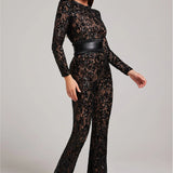 Long-Sleeve Sheer Jumpsuit with Sequin Floral Design and Belted Waist