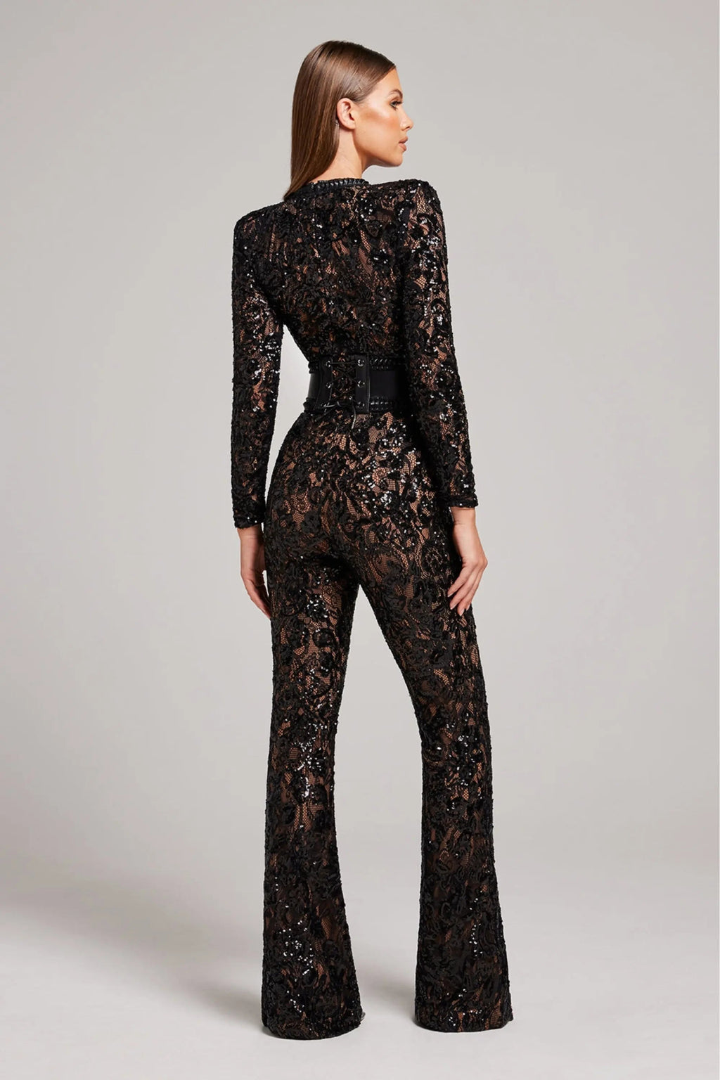 Sheer Long-Sleeve Jumpsuit with Sequin Floral Pattern and Belted Waist