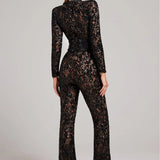 Long-Sleeve Sheer Jumpsuit with Sequin Floral Design and Belted Waist