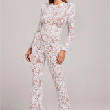 Sheer Embellished Long-Sleeve Jumpsuit with Sequin Floral Pattern and Belted Waist