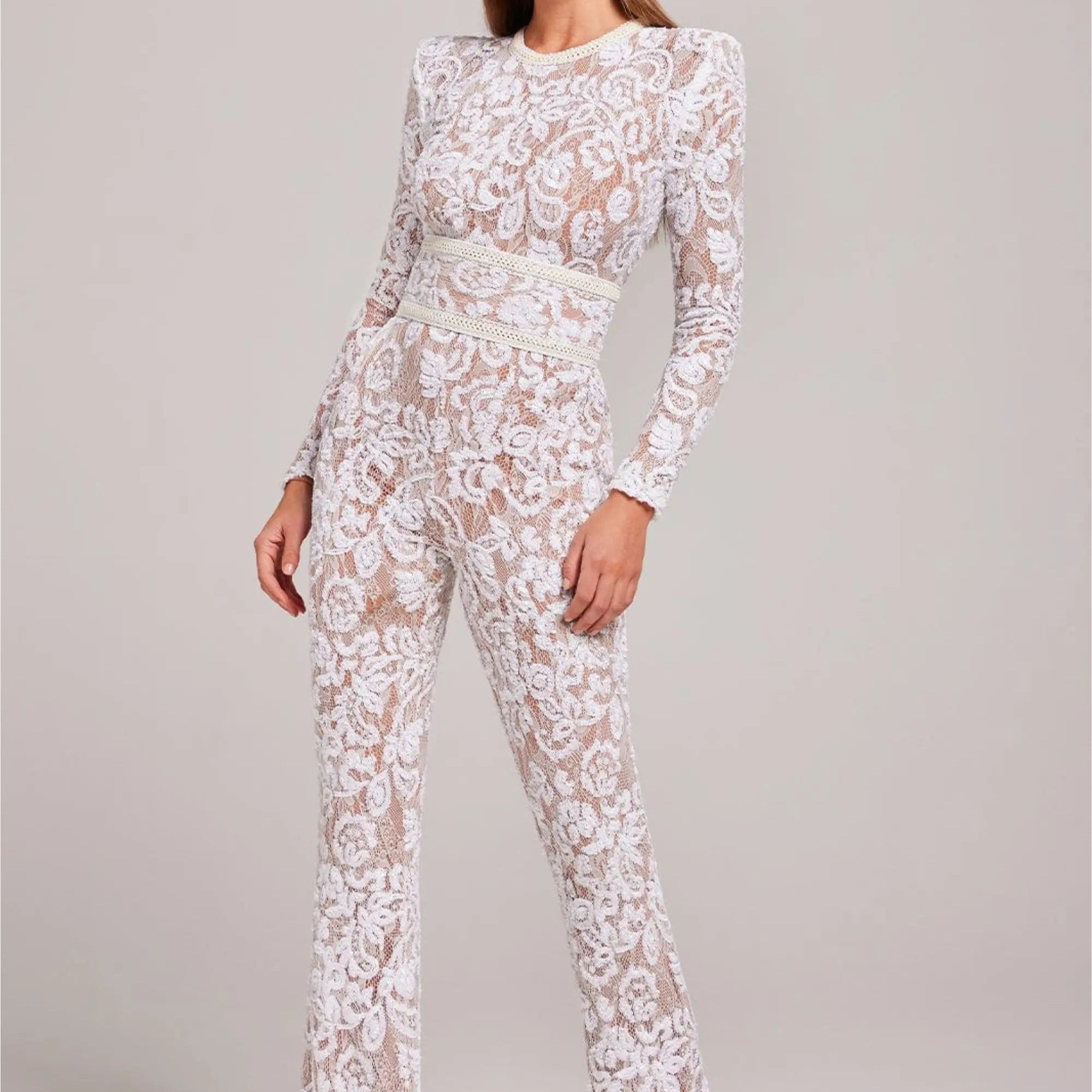 Sheer Embellished Long-Sleeve Jumpsuit with Sequin Floral Pattern and Belted Waist