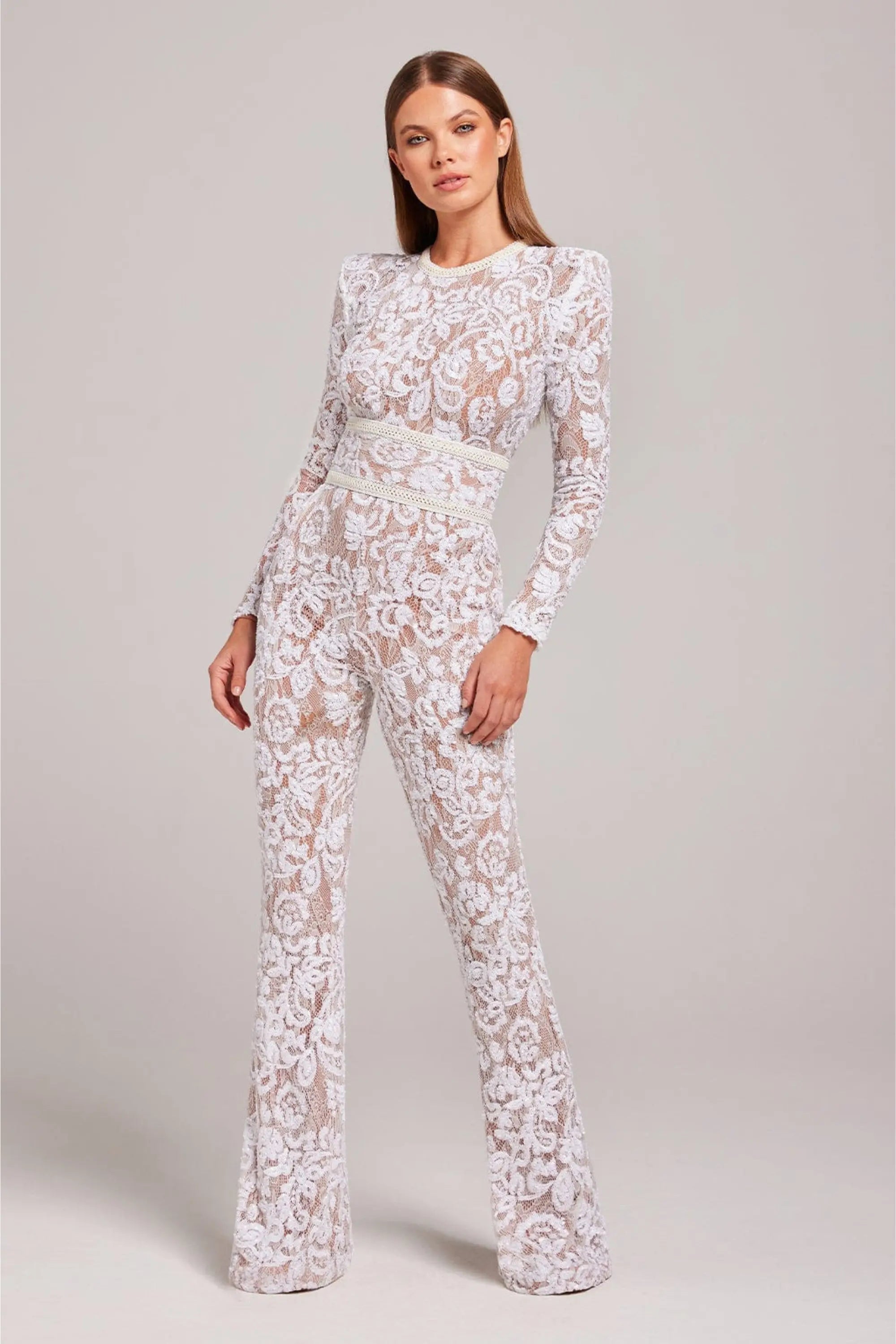 Sheer Long-Sleeve Jumpsuit with Sequin Floral Pattern and Belted Waist