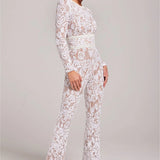 Long-Sleeve Sheer Jumpsuit with Sequin Floral Design and Belted Waist