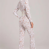 Long-Sleeve Sheer Jumpsuit with Sequin Floral Design and Belted Waist