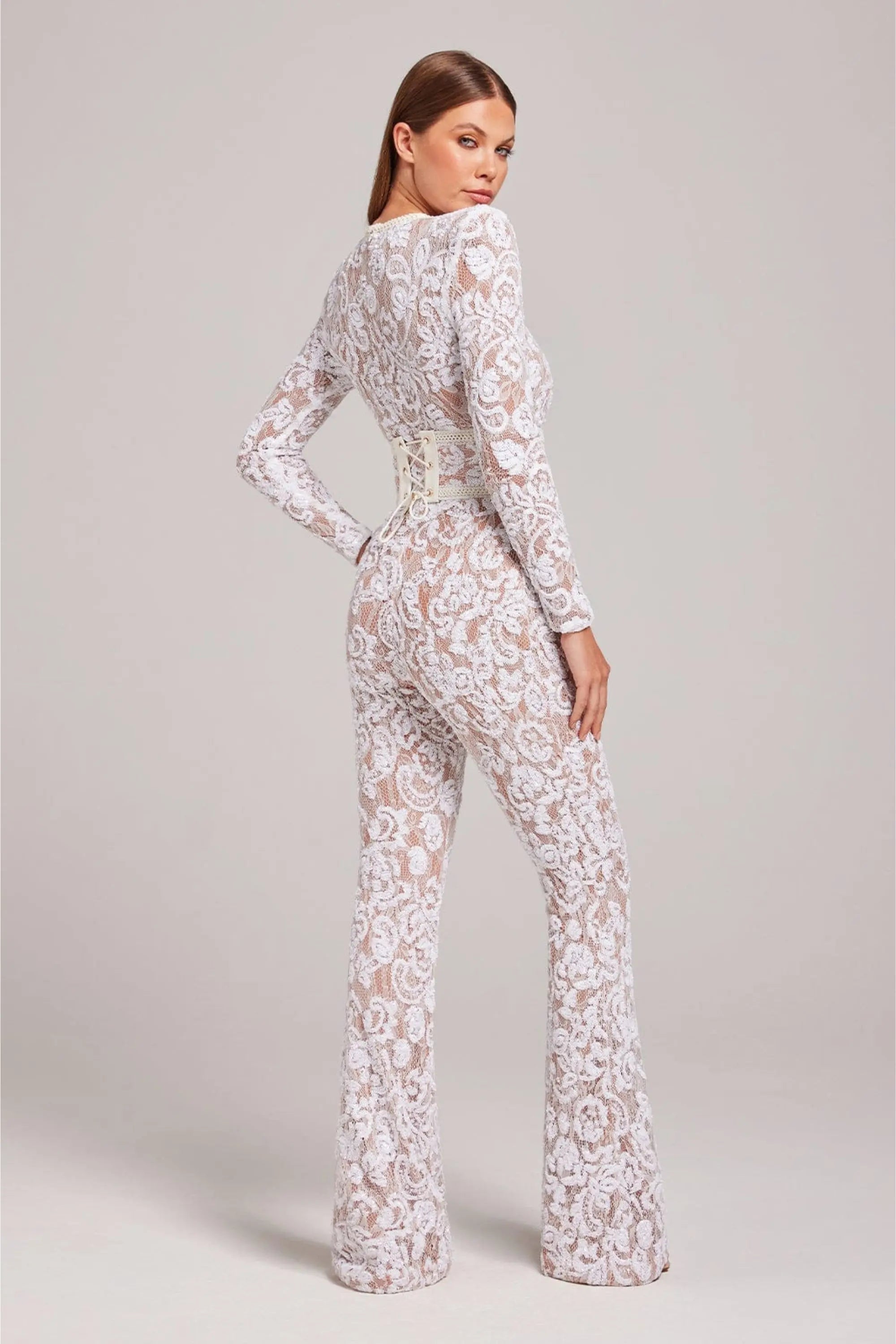 Sheer Long-Sleeve Jumpsuit with Sequin Floral Pattern and Belted Waist