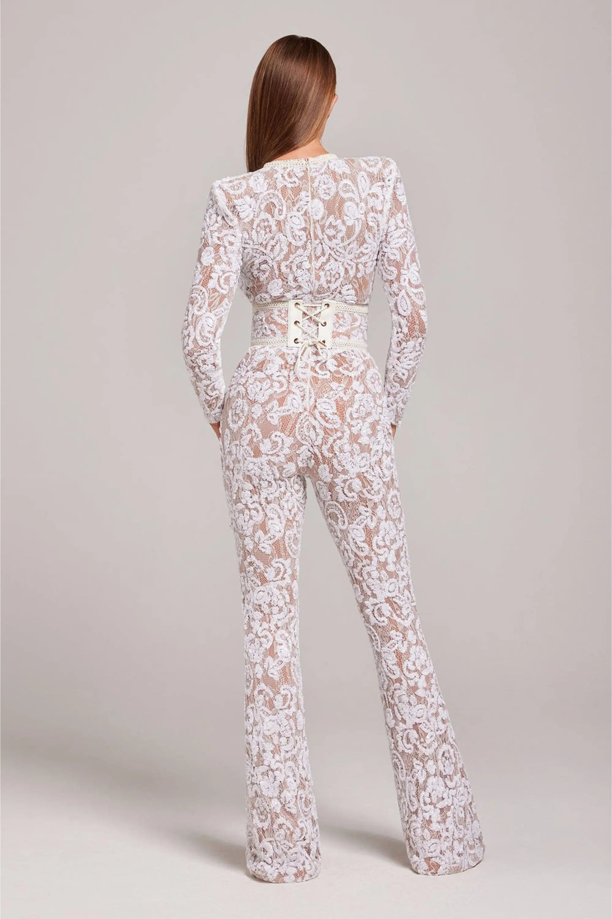 Sheer Long-Sleeve Jumpsuit with Sequin Floral Pattern and Belted Waist