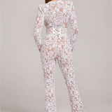 Long-Sleeve Sheer Jumpsuit with Sequin Floral Design and Belted Waist