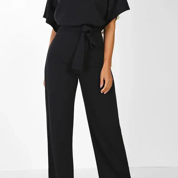 Short Sleeve Jumpsuit with Wide-Leg and Belt