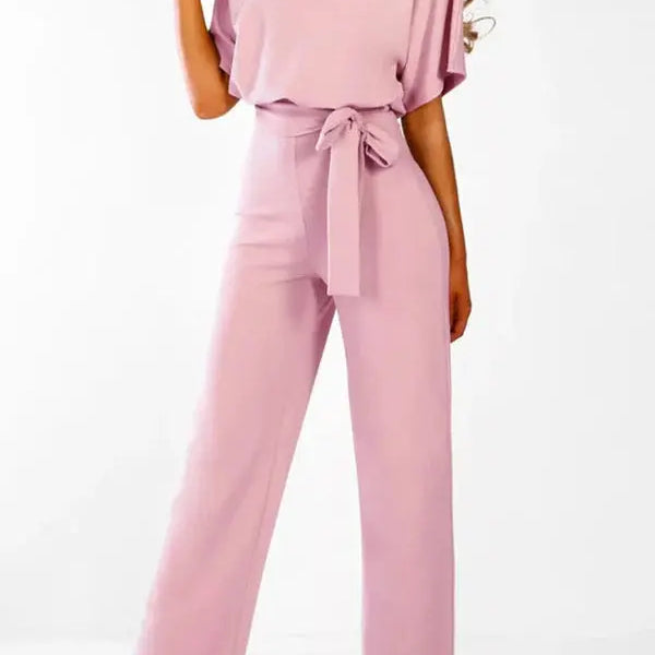Wide-Leg Belted Short Sleeve Jumpsuit