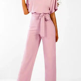 Short Sleeve Jumpsuit with Wide-Leg and Belt