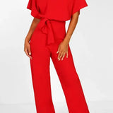 Short Sleeve Jumpsuit with Wide-Leg and Belt