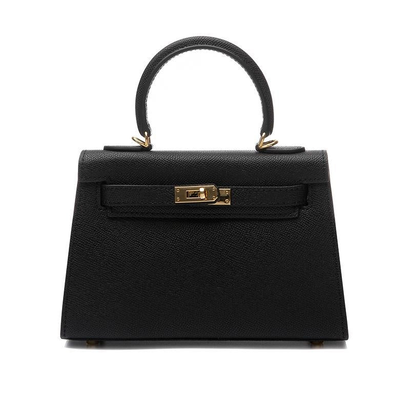 Structured Top Handle Leather Handbag with Gold Lock