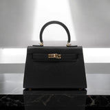 Structured Top Handle Leather Handbag with Gold Lock
