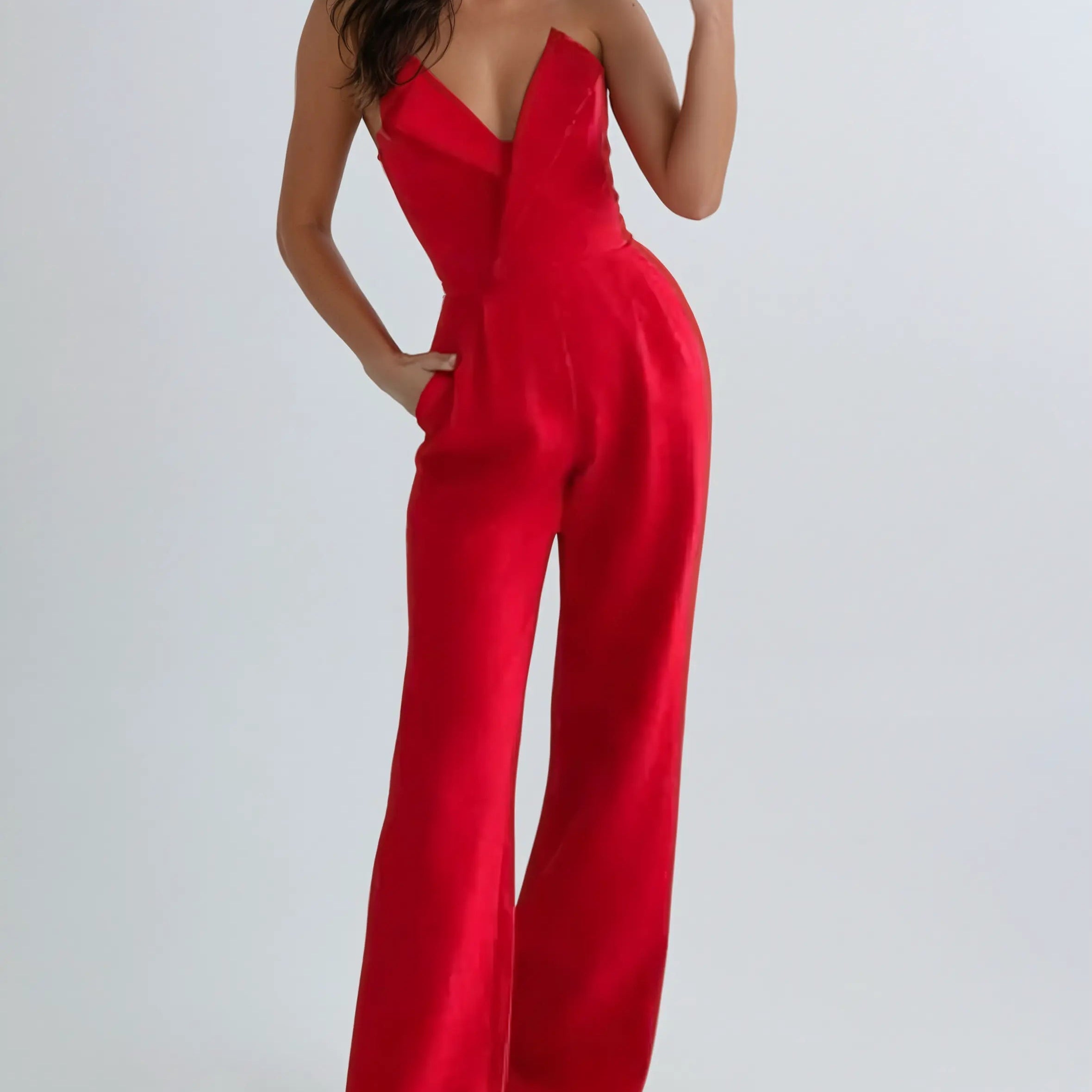 Strapless Pleated Wide-Leg Jumpsuit
