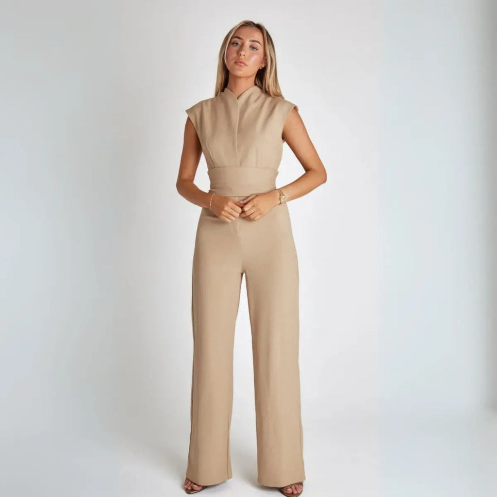 Structured High-Waisted Sleeveless Jumpsuit in Beige