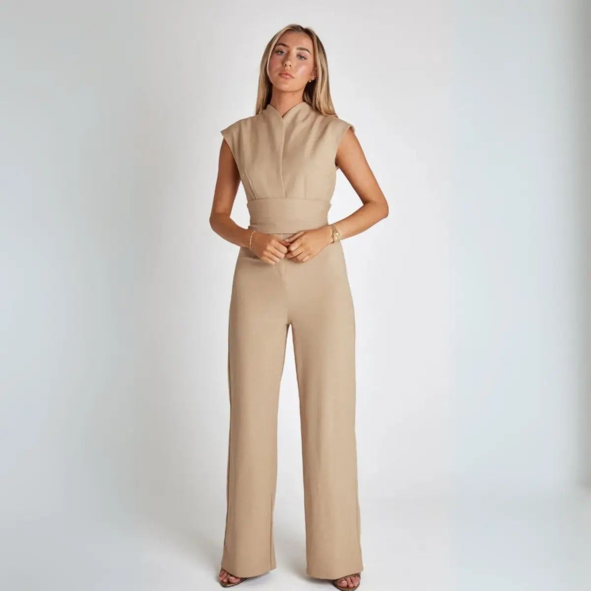 Structured High-Waisted Sleeveless Jumpsuit in Beige