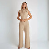 Beige Sleeveless High-Waisted Structured Jumpsuit