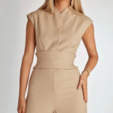 Beige Sleeveless High-Waisted Structured Jumpsuit