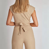 Beige Sleeveless High-Waisted Structured Jumpsuit