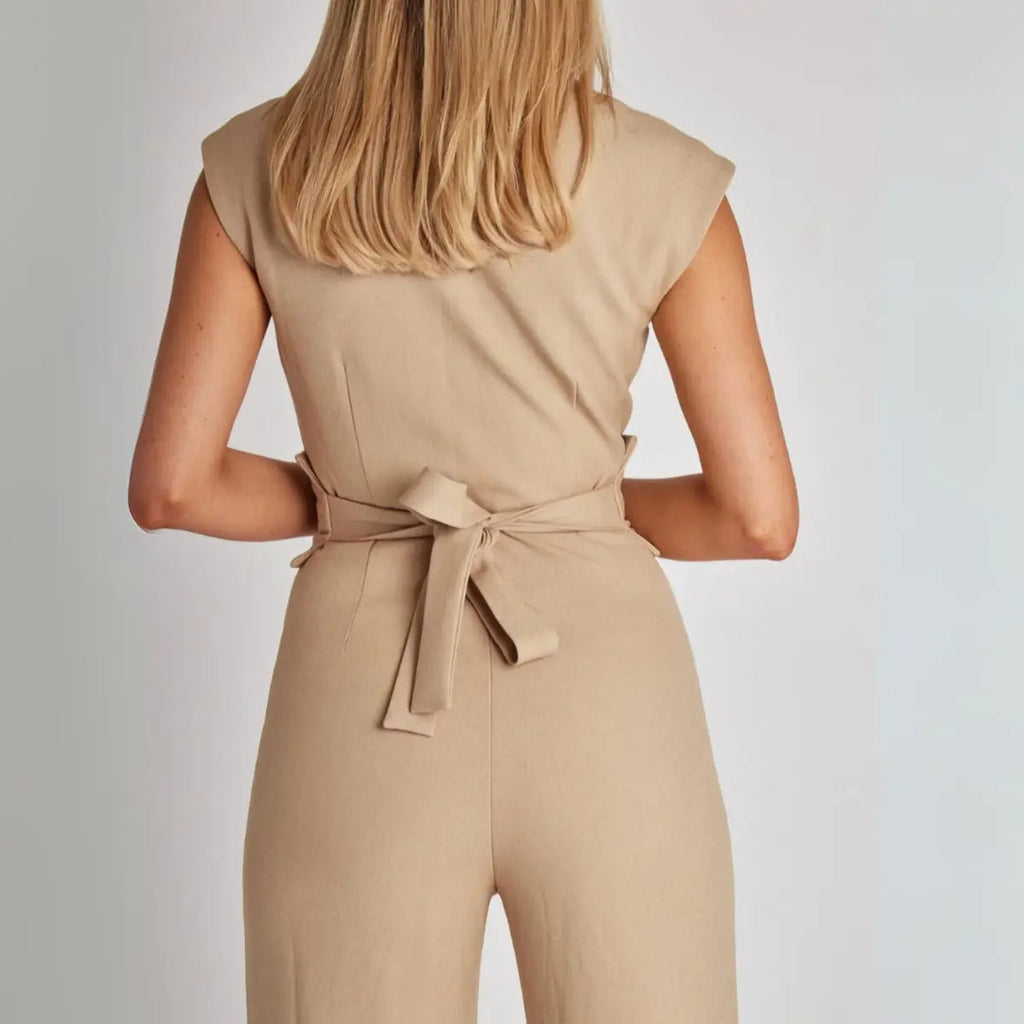 Structured High-Waisted Sleeveless Jumpsuit in Beige
