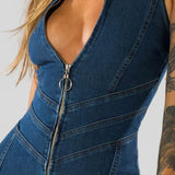 Deep V-Neck Flared Leg Denim Jumpsuit