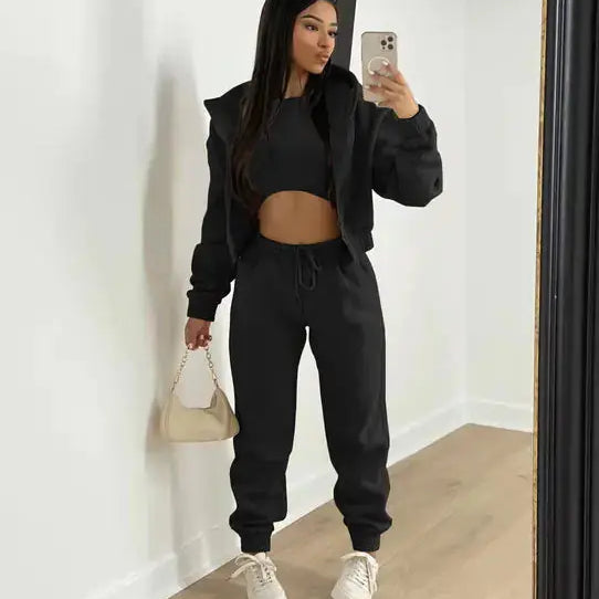 Three-Piece Loungewear Set with Cropped Hoodie, Bralette and Joggers