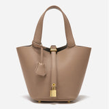 Elegant Textured Leather Bucket Bag with Gold Lock