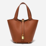 Elegant Textured Leather Bucket Bag with Gold Lock