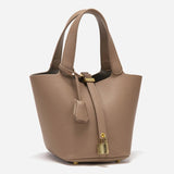 Elegant Textured Leather Bucket Bag with Gold Lock