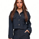 Dark Wash Cropped Denim Jacket with Contrast Stitching